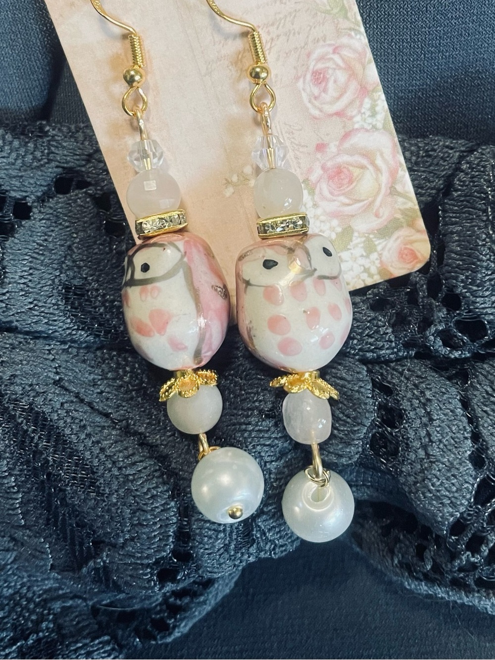 Hand-Painted Pink Owl Dangle Earrings — Gold Accent